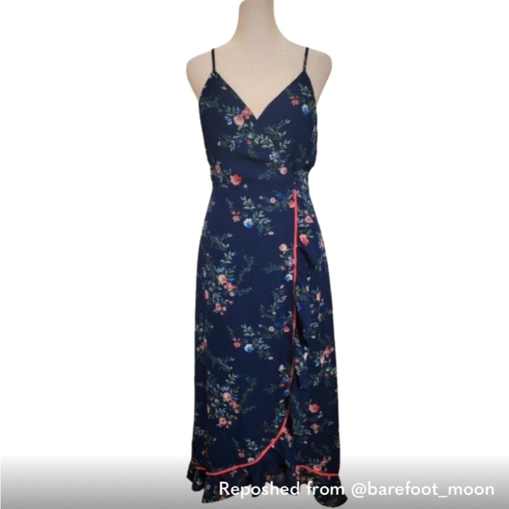 Lulu's Womens Floral Asymmetrical Wrap Maxi Dress Blue Pink Size S